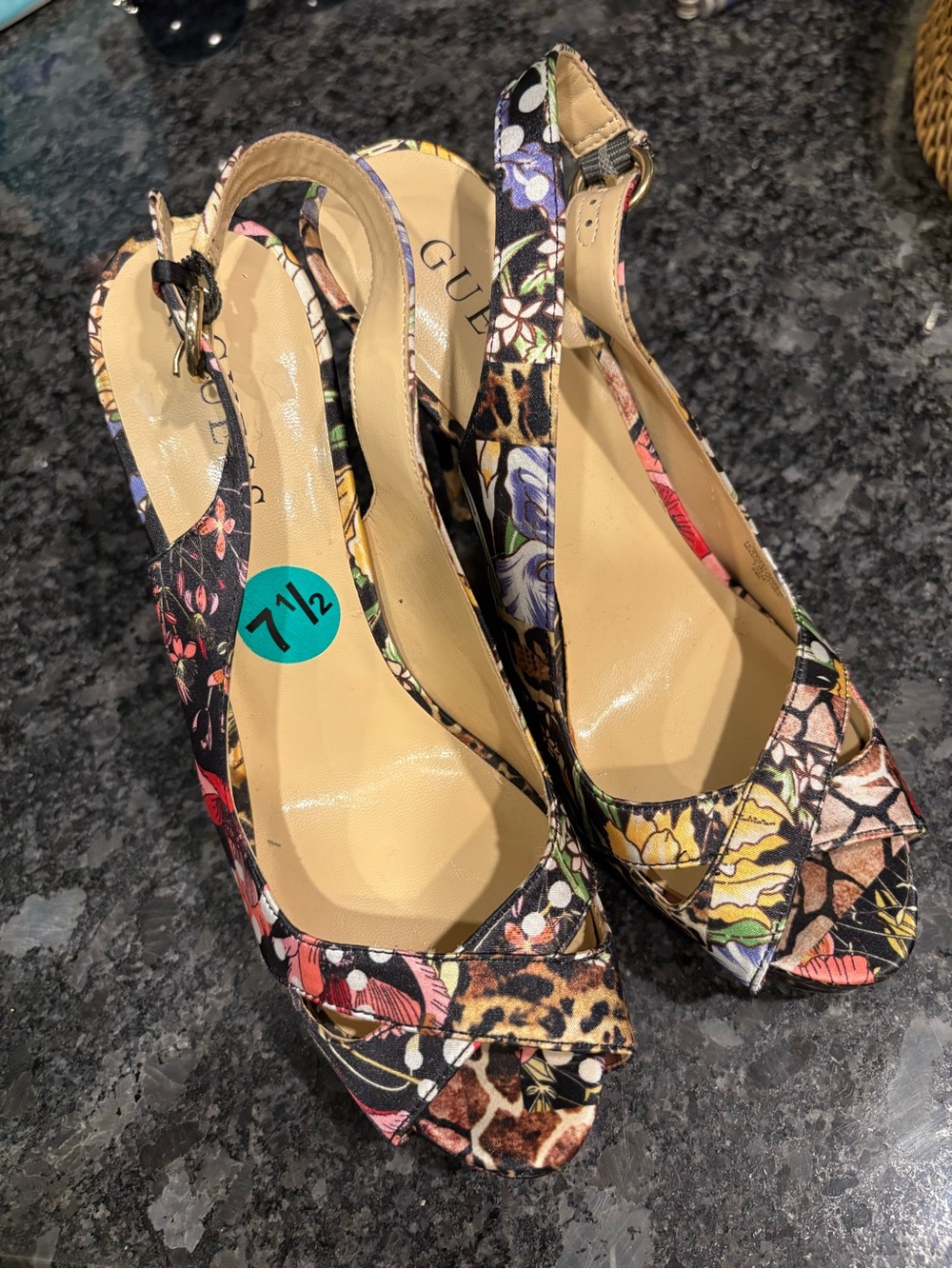 Guess Floral /Multi-Color Slingback Peep-Toe Wedges